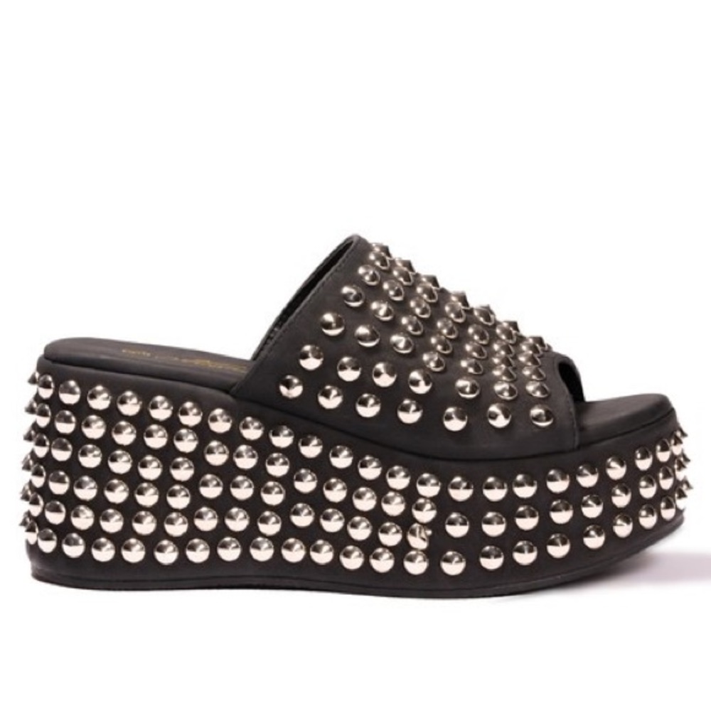 Black Suede Silver Stud Chunky Ultra Platform Wedge Mule Slide In Sandal Heels - Picture 3 of 7